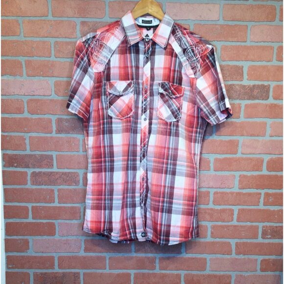 Roar Mens Red Plaid Button Up Shirt Size L Embroidered Cross Western Rock - Picture 1 of 10
